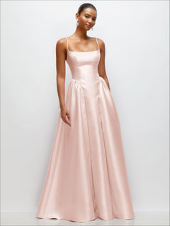 Scoop Neck Drop Basque Skirt Satin Maxi Dress with Pockets