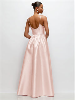 Scoop Neck Drop Basque Skirt Satin Maxi Dress with Pockets
