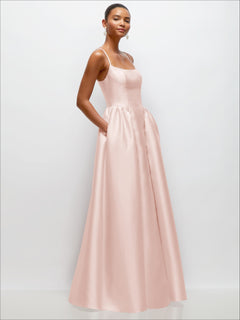 Scoop Neck Drop Basque Skirt Satin Maxi Dress with Pockets