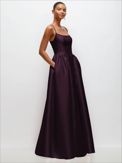 Scoop Neck Drop Basque Skirt Satin Maxi Dress with Pockets